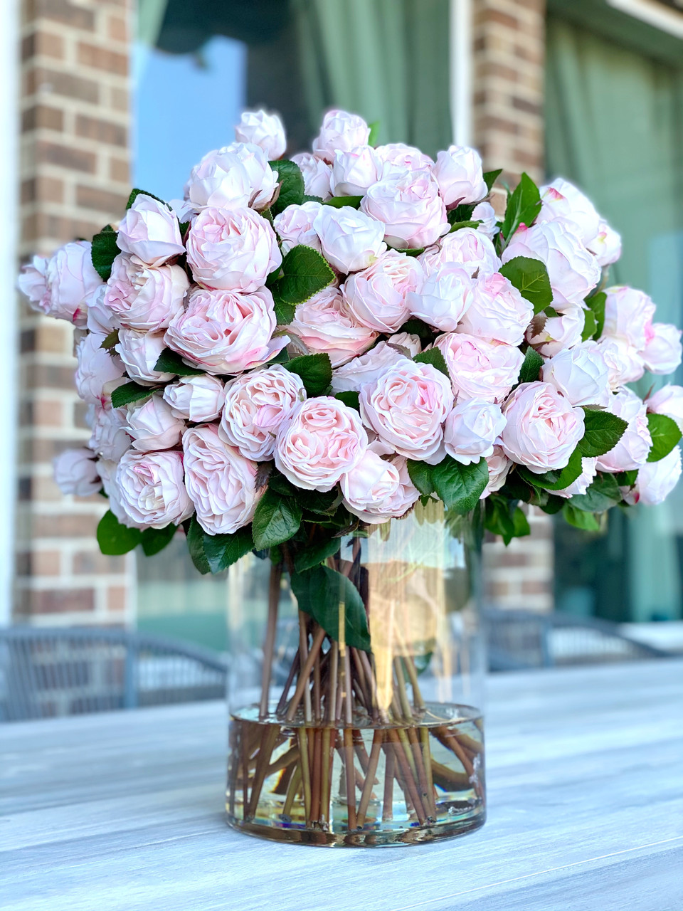 Blush English Roses in 16″ Glass Rota Vase - CFA Design Group, image size:960x1280
