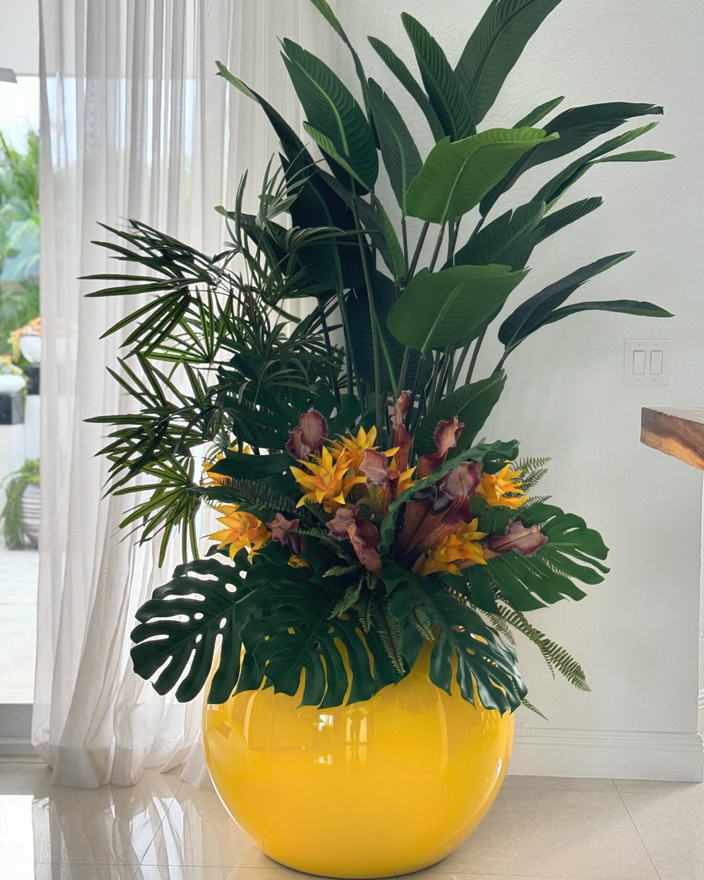 Tropical Mix Plants in Yellow Globe Planter - CFA Design Group