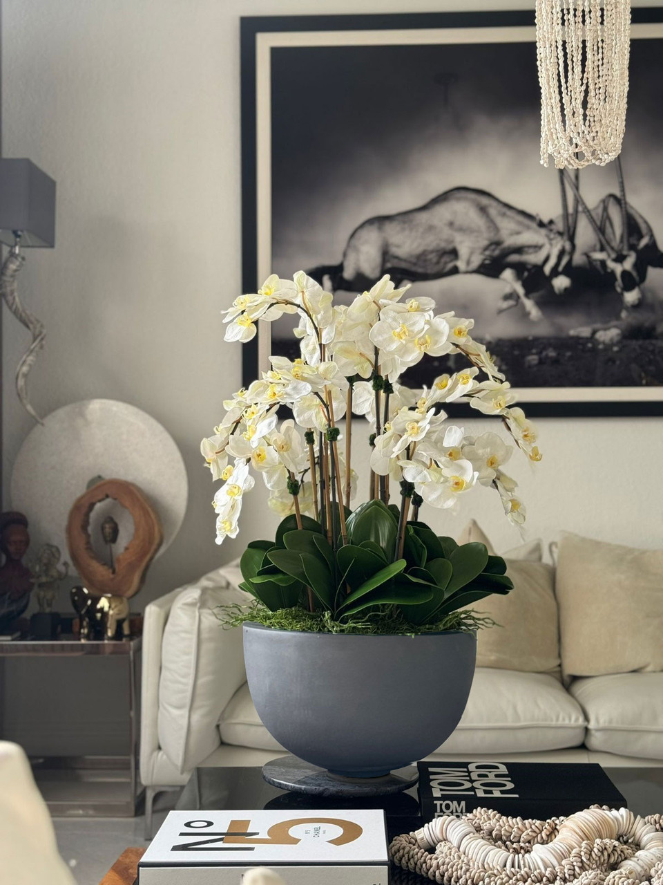 White Orchids In Glossy Grey Fiberstone Bowl