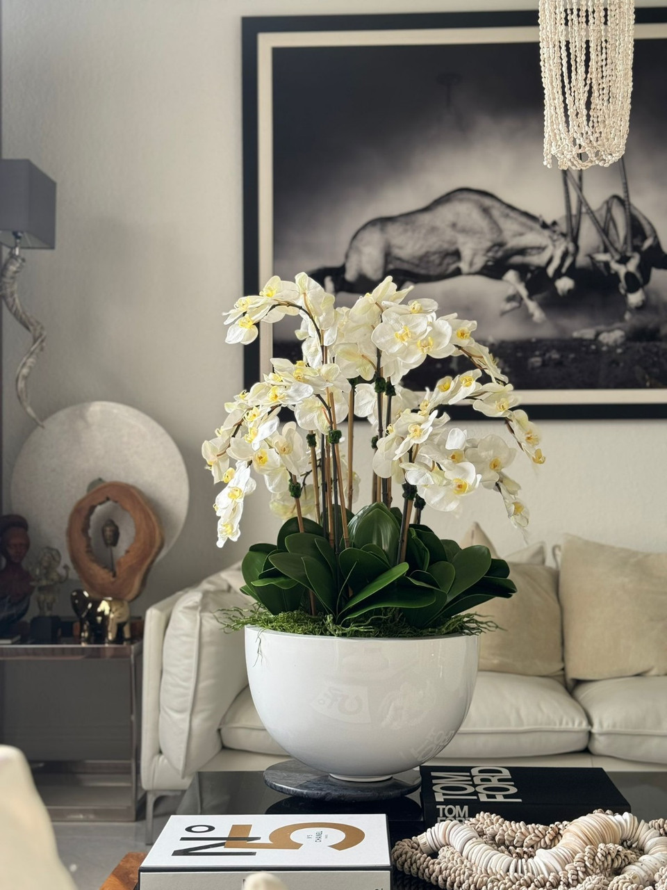 White Orchids In Glossy White Fiberglass Bowl