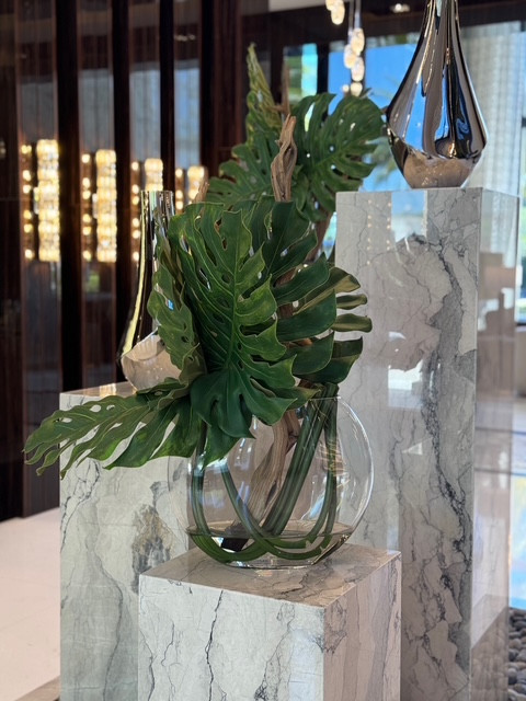 Moon Vase with Monstera Leaf and Driftwood