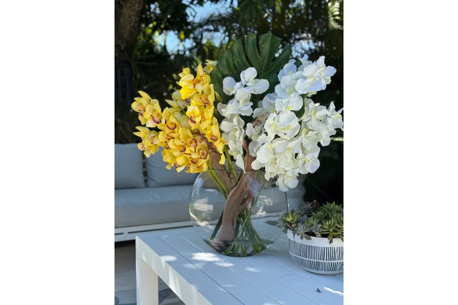 Moon Vase With Yellow Cymbidiums And White Vandas