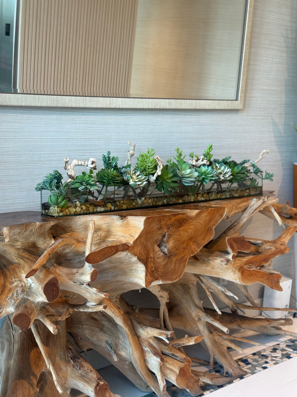 48″ Casa Moderna Rectangular Glass Planter with Succulents and Driftwood
