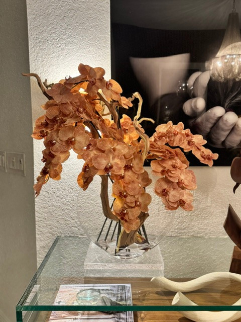 16″ Glass Moon Vase with Light Brown Orchids and Driftwood