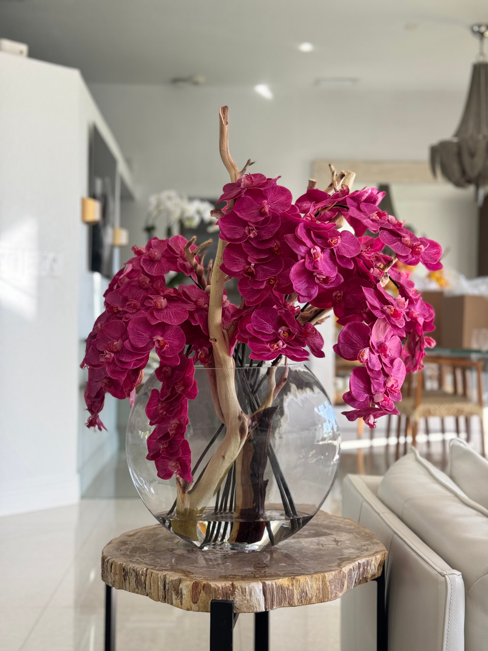16″ Glass Moon Vase with Pink Orchids and Driftwood