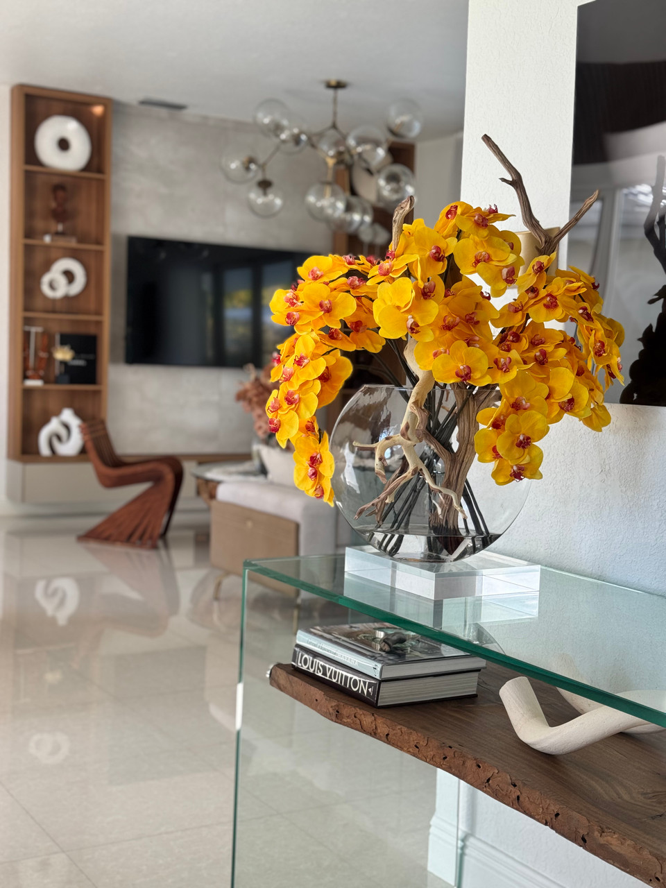16″ Glass Moon Vase with Yellow Orchids and Driftwood